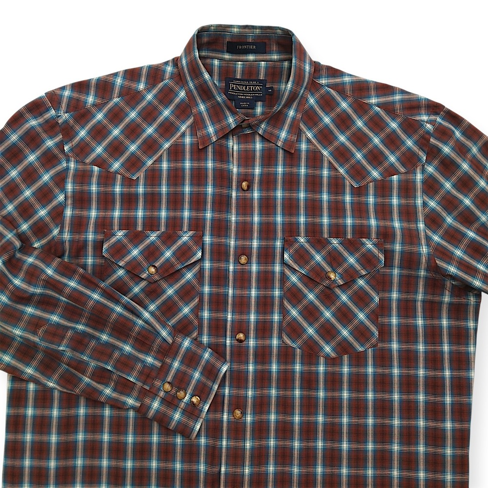 Pendleton Frontier Western Shirt Mens M Plaid Pearl Snap Long Sleeve Brown Blue